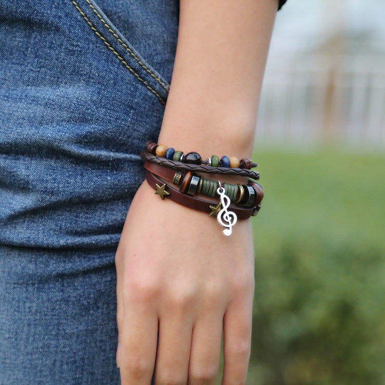 Wholesale Layered Leather Beaded Bracelet with Music Note Pendant – Unisex Electroplated Jewelry Accessory
