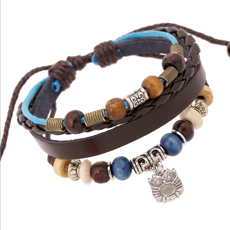 Wholesale Vintage Owl Pendant Beaded Leather Bracelet - Unisex Adjustable Leather Jewelry Accessory