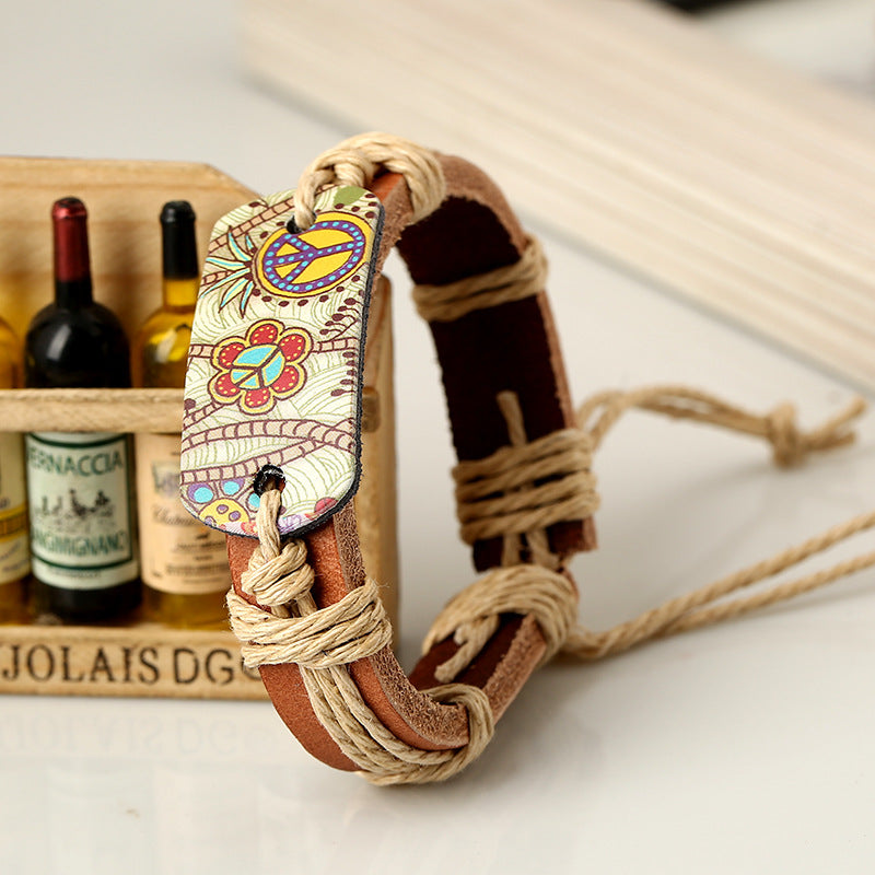 Wholesale Vintage Peace Sign Braided Leather Bracelet Unisex Handmade Fashion Accessory