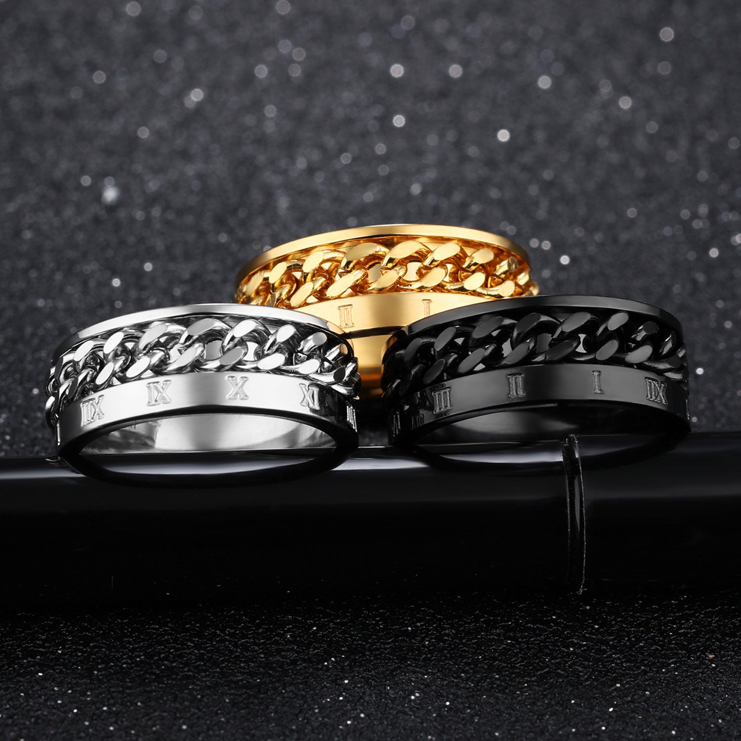 Wholesale  Titanium Steel Black Personality Roman Numeral Ring Rotatable Chain Chain Chain Ring