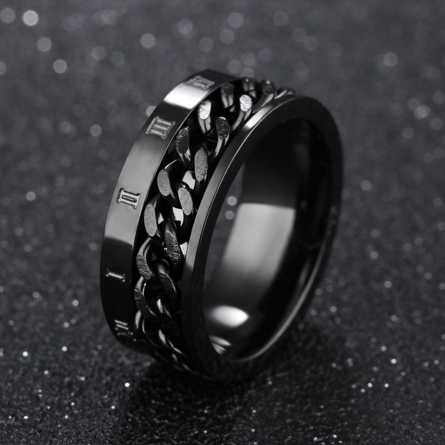 Wholesale  Titanium Steel Black Personality Roman Numeral Ring Rotatable Chain Chain Chain Ring