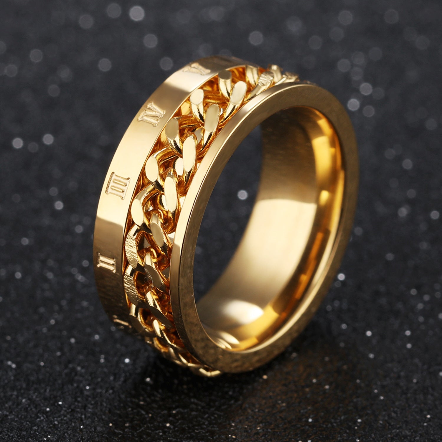 Wholesale  Titanium Steel Black Personality Roman Numeral Ring Rotatable Chain Chain Chain Ring