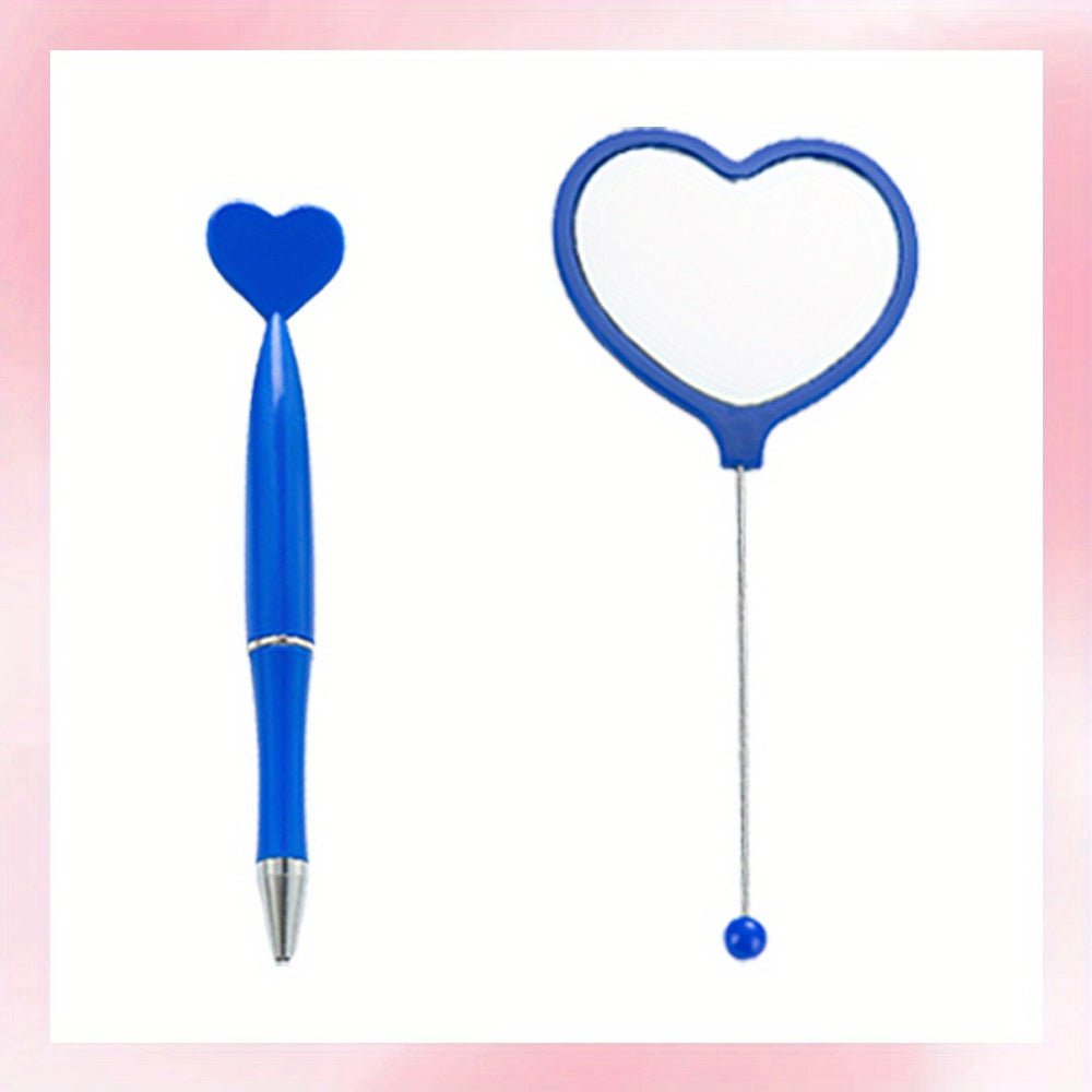 2pcs/set DIY Beadable Handle Mirror and Heart Shaped Pen Combination DIY Gift Office Gift Random Makeup Mirror
