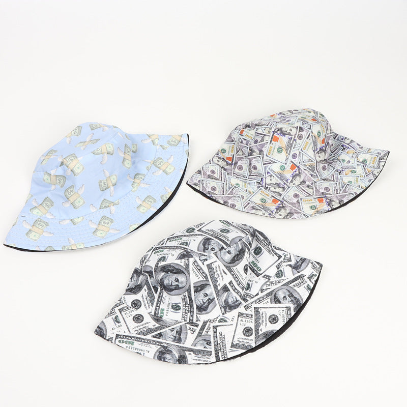 Wholesale Dollar Printed Pattern Double-sided Fisherman Hat  All-match Fashion Pot Hat Bucket Hat