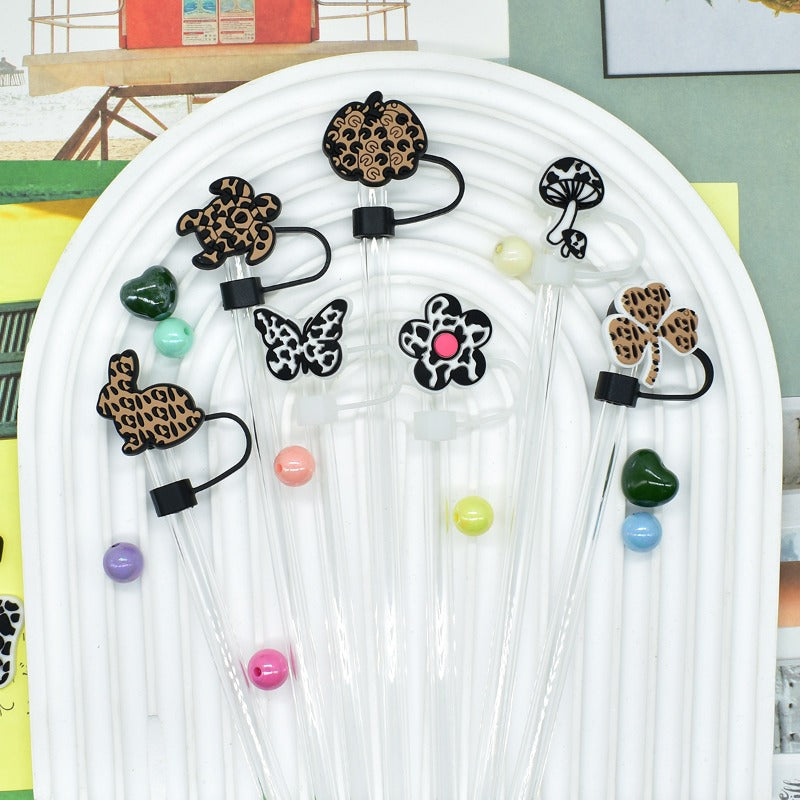 Wholesale Random 100pcs Leopard Print Series 10mm PVC Soft Straw Tube Cap  ACC-SCR-RYY116