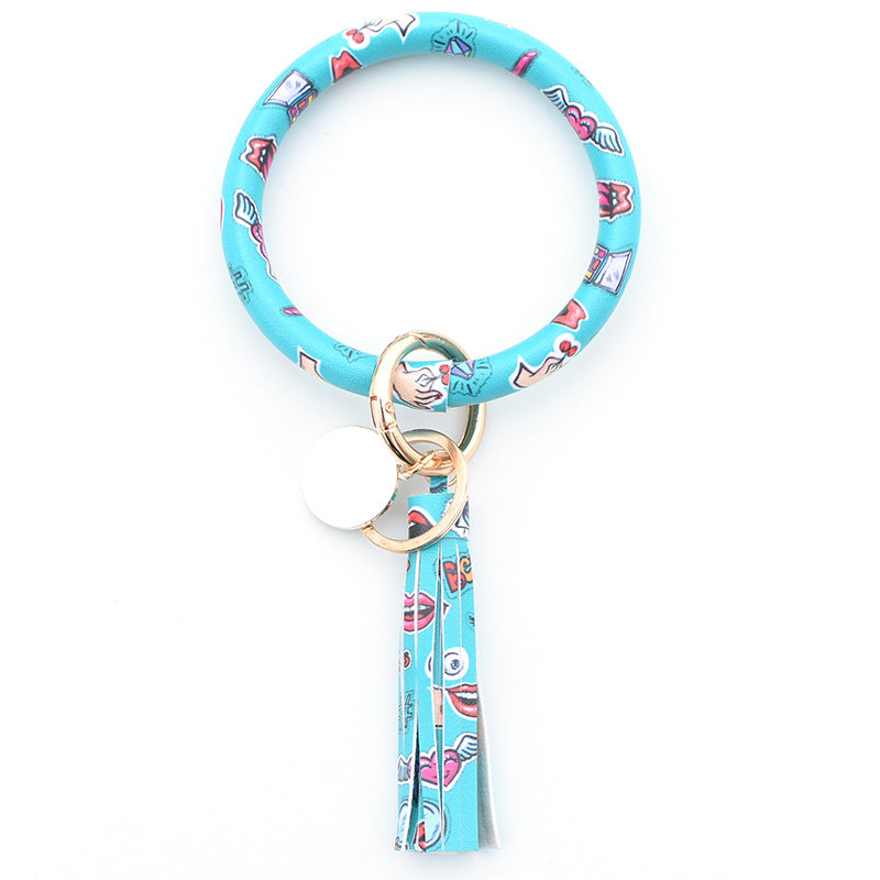 Wholesale Western Style Leopard Print Cow Print Cactus Leather Wristlet Keychain ACC-KC-QiuXue003