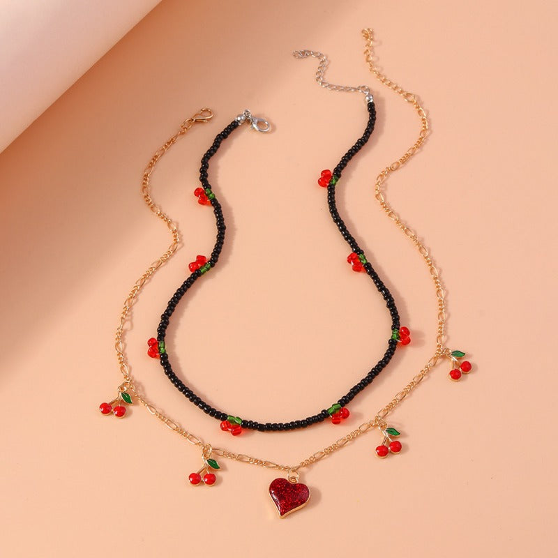 Wholesale Alloy Cute Cherry Love Heart Pendant Necklace Set ACC-NE-YueSen028
