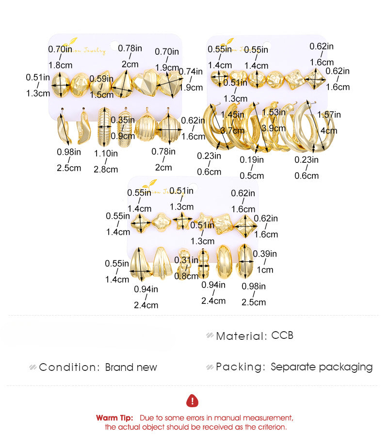 Wholesale C-shaped Irregular Exaggerated Gold and Silver Earrings 6-piece Set ACC-ES-ChengJing001