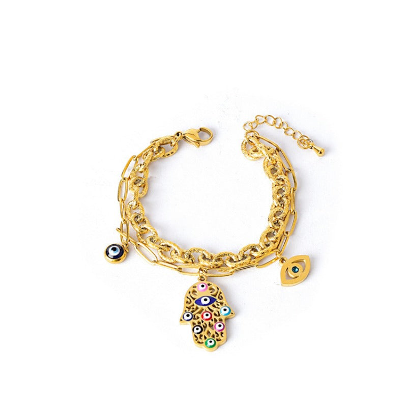 Wholesale Bohemian Palm Eyes Oil Drop Titanium Steel Necklace Bracelet Earrings Set ACC-NE-XinL004