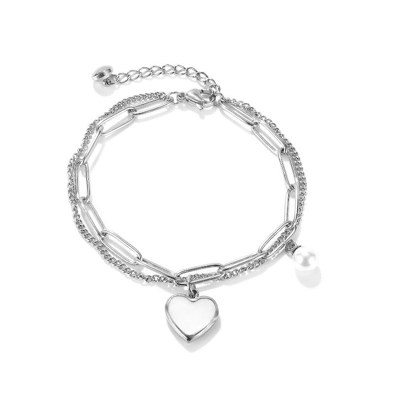 Wholesale Double Layer Peach Heart Pearl Titanium Steel Bracelet ACC-BT-OPK006