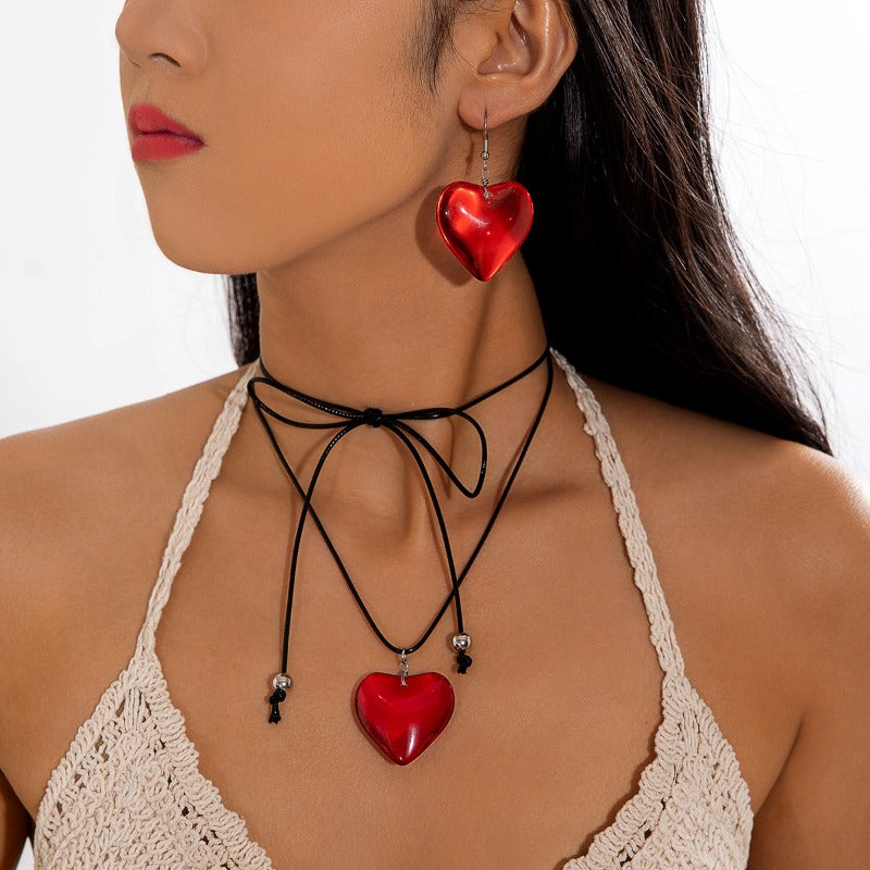 Wholesale Resin Peach Heart Earrings Necklace Red Love Heart Jewelry Set  ACC-NE-YongGe019