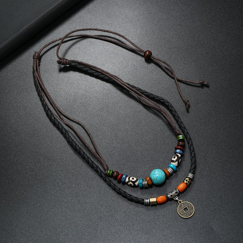 Wholesale Vintage Style Multi-layer Turquoise Beaded Braided Leather Necklace ACC-NE-Saih004