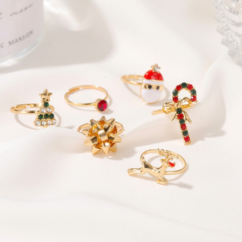 Wholesale Christmas 6-piece Set Cute Cartoon Elk Christmas Tree  Open Adjustable Rings ACC-RS-DQ001