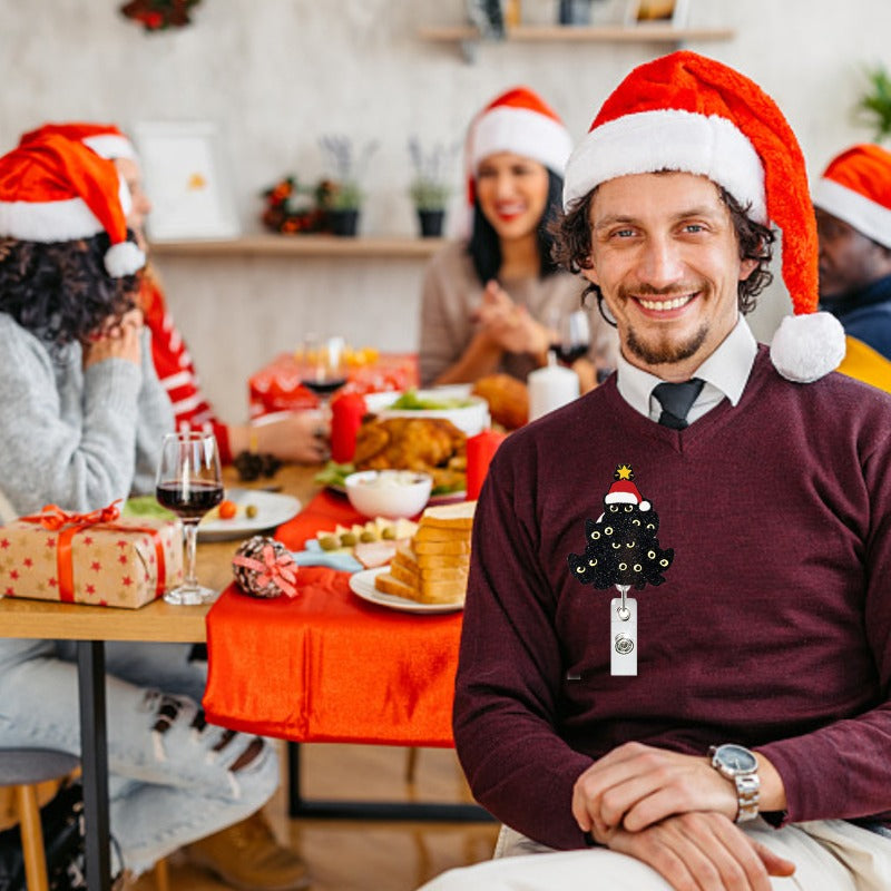 Wholesale Christmas Acrylic Glitter Christmas Tree Black Cat Retractable Badge Keychain ACC-KC-QiDing028