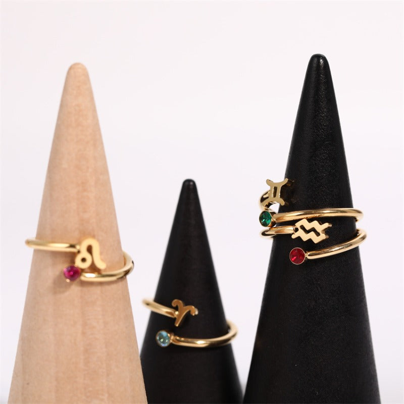 Wholesale 12 Zodiac Signs Stainless Steel Zircon 18K Gold Plated Ring ACC-RS-XuanChi002