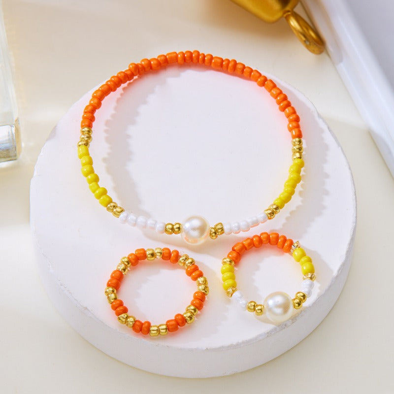 Wholesale Bohemian Colorful Rice Beads Necklace Bracelet Ring Three-piece Set ACC-NE-YingHao009