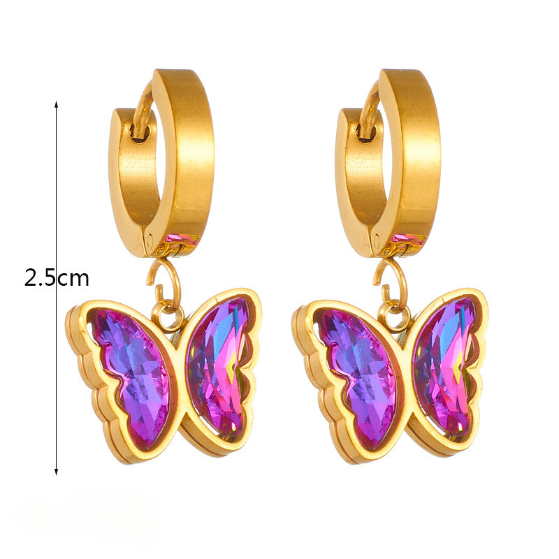 Wholesale Colorful Purple Rhinestone Butterfly Gold Plated Titanium Steel Earrings ACC-ES-QianYue007