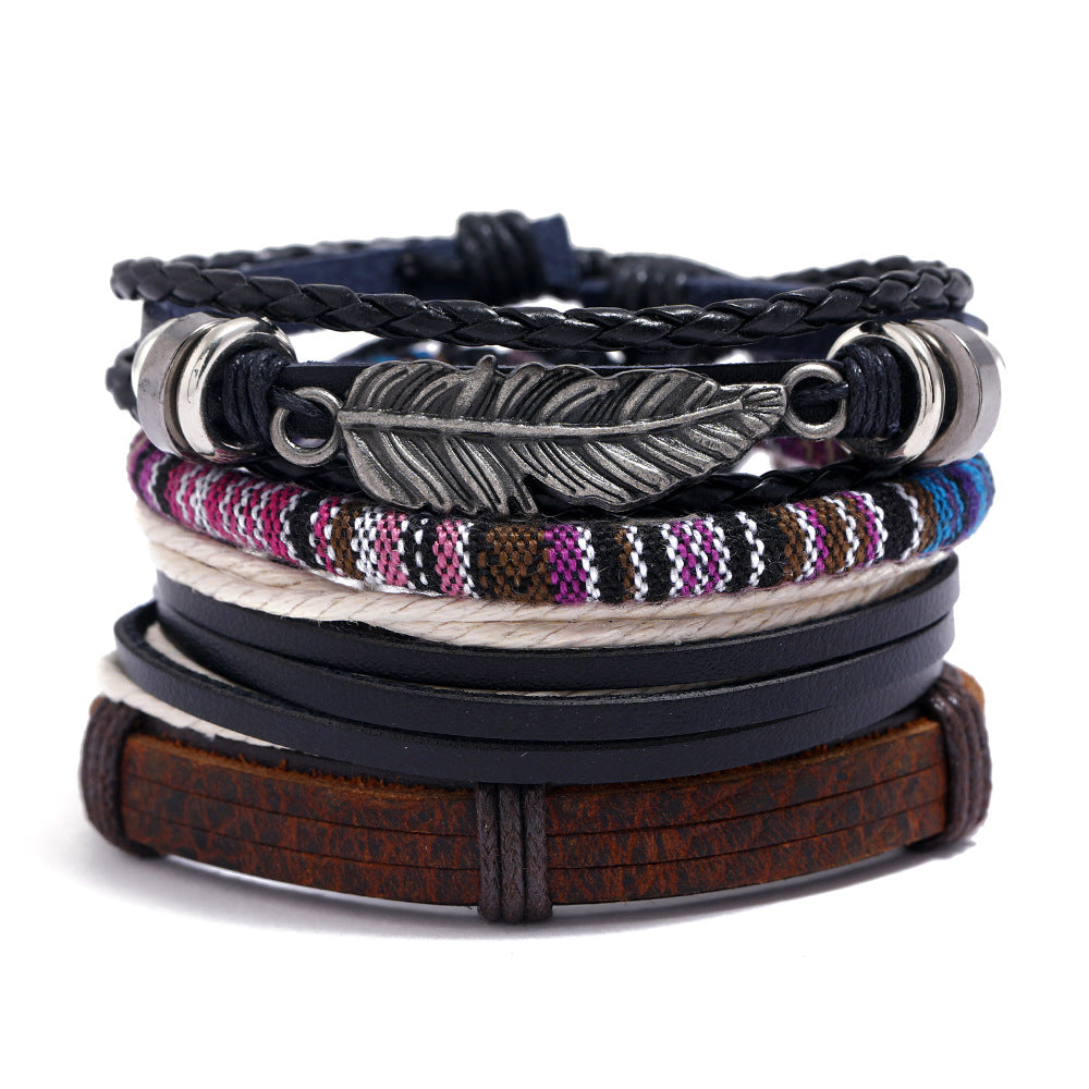 Wholesale Handmade Braided Men's Leather Bracelet Multilayer Bracelet Set ACC-BT-Saih017