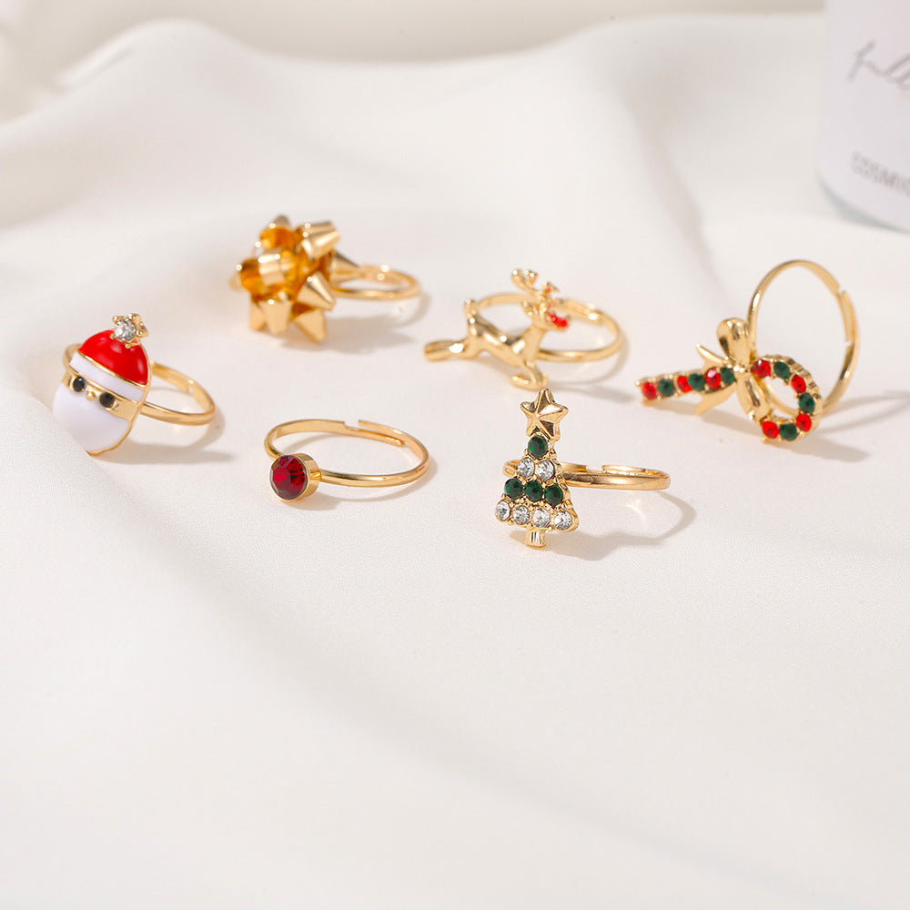 Wholesale Christmas Tree Ring Set 6-Piece Adjustable Stackable Rings Jewelry Accessory