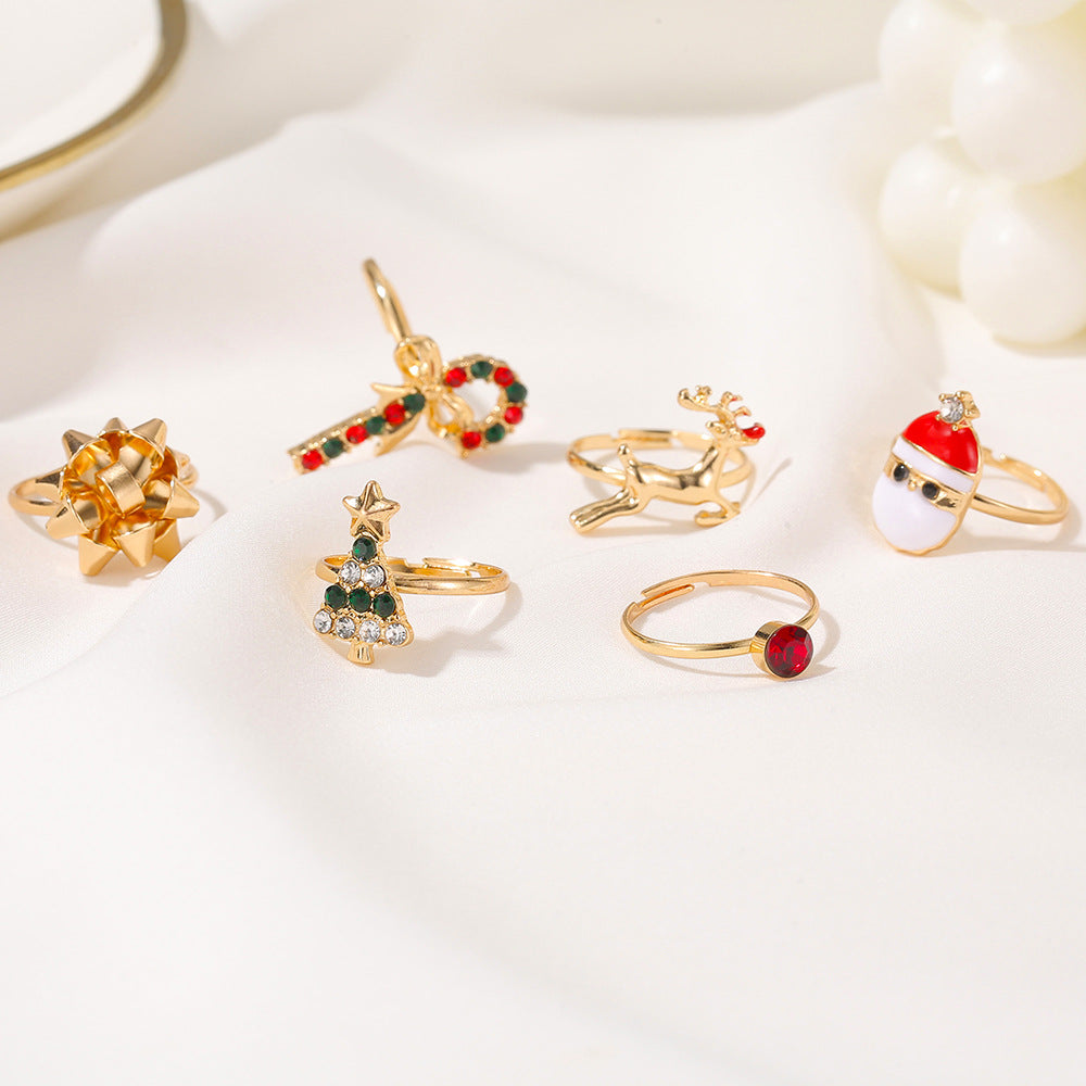 Wholesale Christmas Tree Ring Set 6-Piece Adjustable Stackable Rings Jewelry Accessory