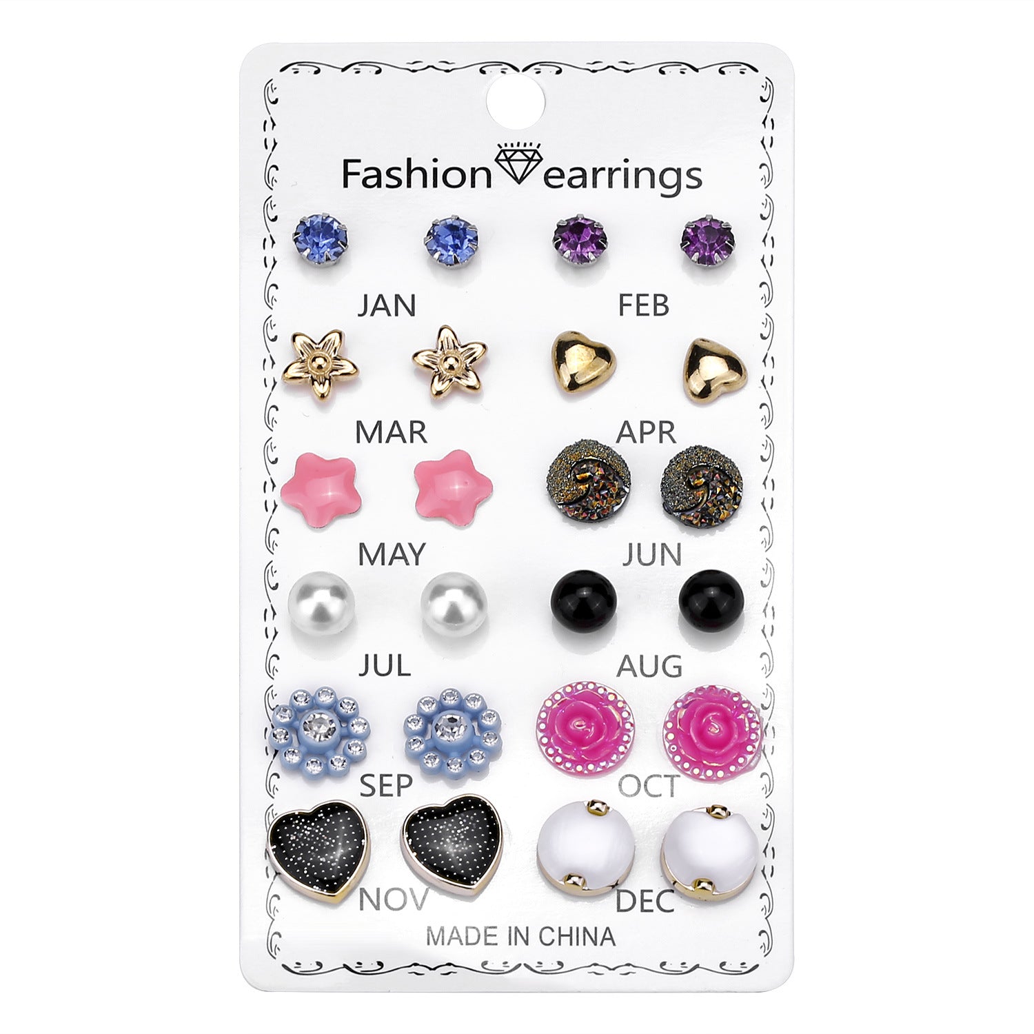 Wholesale 12pcs/set Mixed Color Round Rhinestone Crystal Flowers Earrings Set