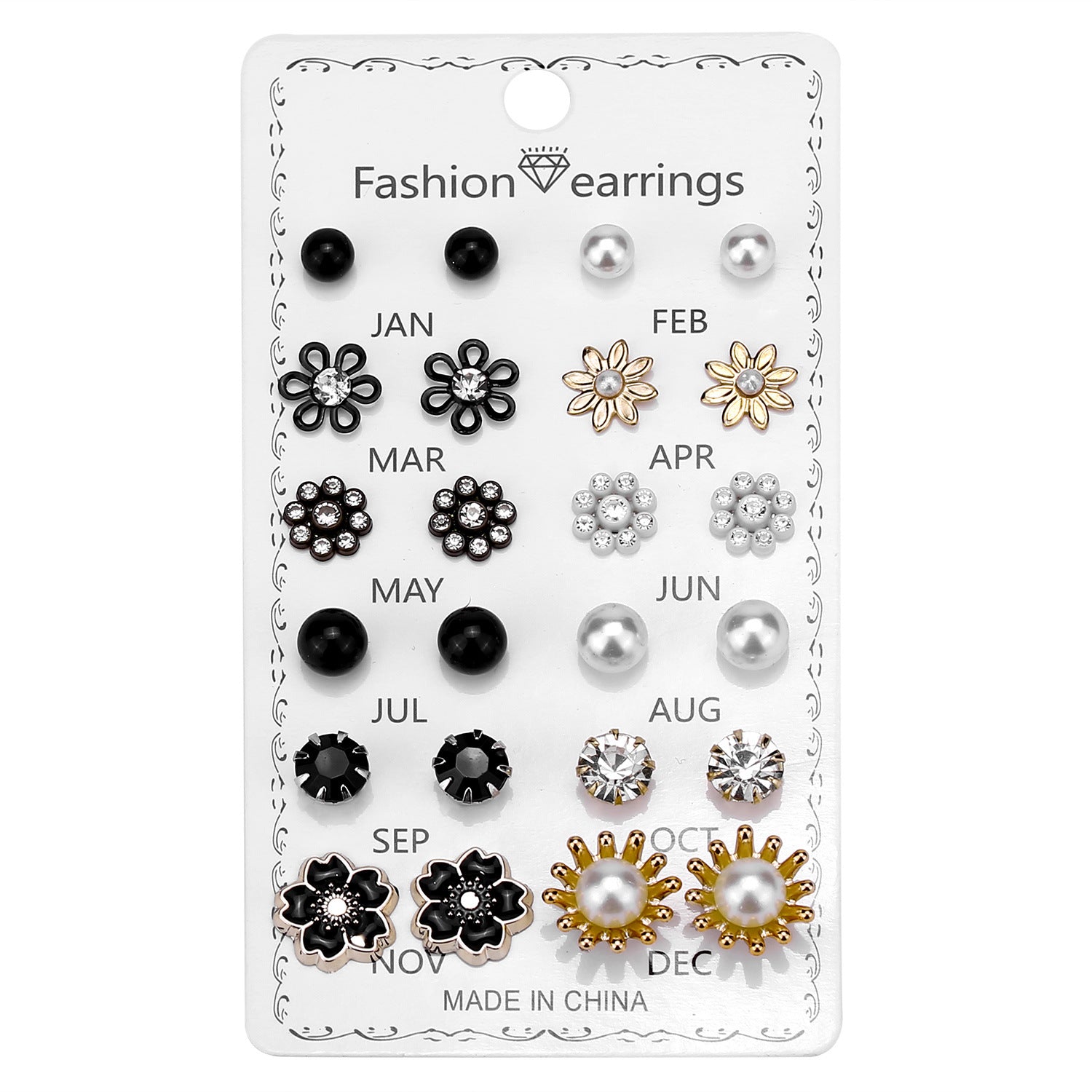 Wholesale 12pcs/set Mixed Color Round Rhinestone Crystal Flowers Earrings Set