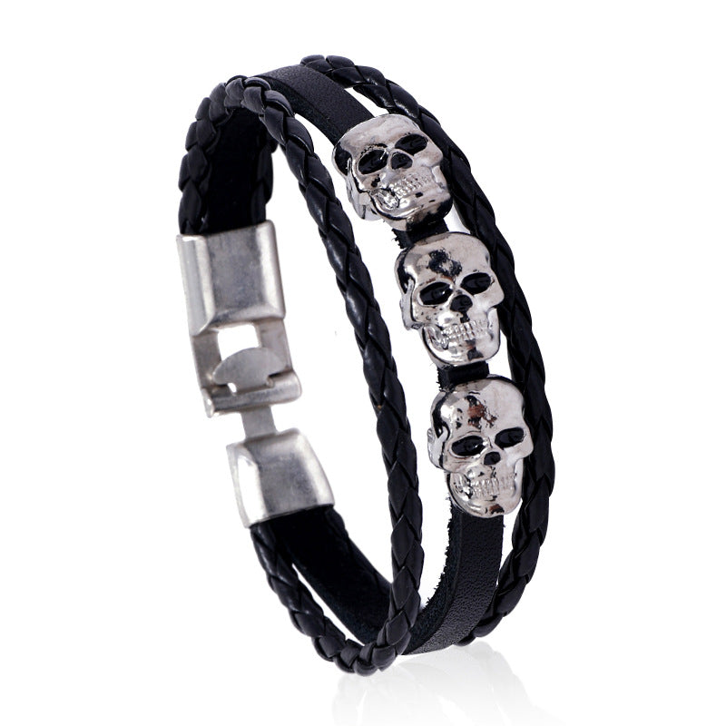 Wholesale Alloy Skull Bracelet Vintage Hand-woven Cowhide Bracelet