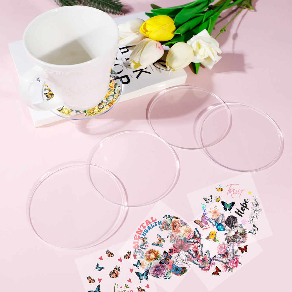 10PCS DIY Coaster Set, 5 Round Clear Acrylic Coasters & 5 Butterfly UV DTF Wrap Stickers, Craft Supplies for Custom Coasters, Decorative Home Decor, Office & Kitchen Accessories, Gift Idea