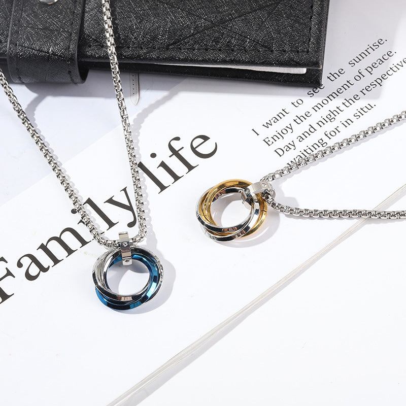 Wholesale three ring pendant stainless steel ring necklace