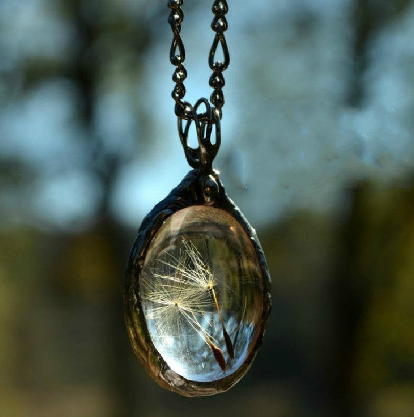 Wholesale Glass Gem Necklace Dandelion Seed Oval Pendant Fashion Jewelry Accessory