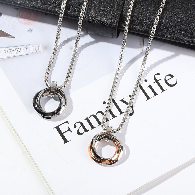 Wholesale three ring pendant stainless steel ring necklace