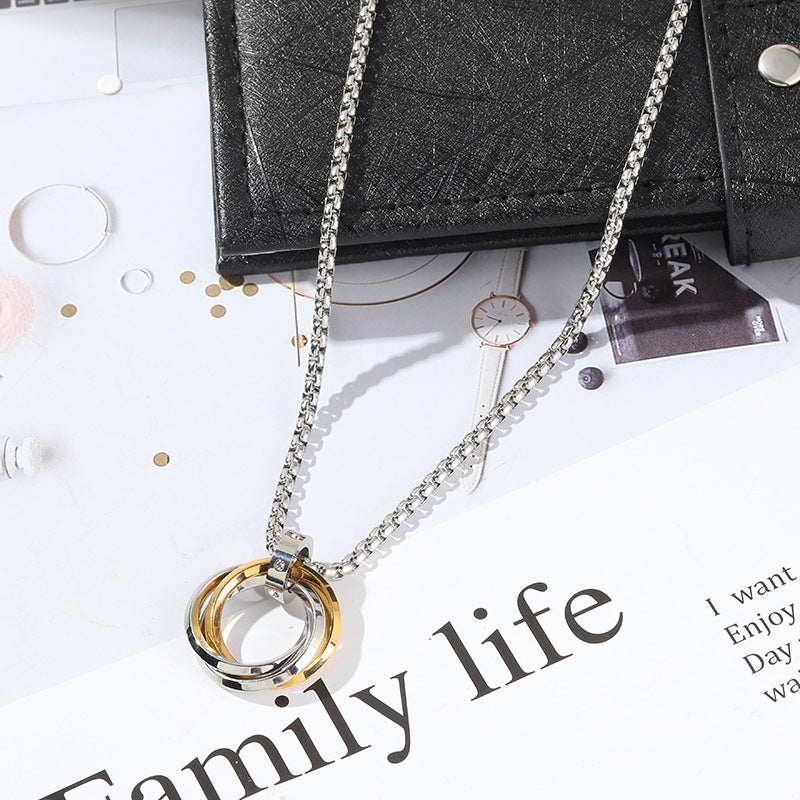 Wholesale three ring pendant stainless steel ring necklace