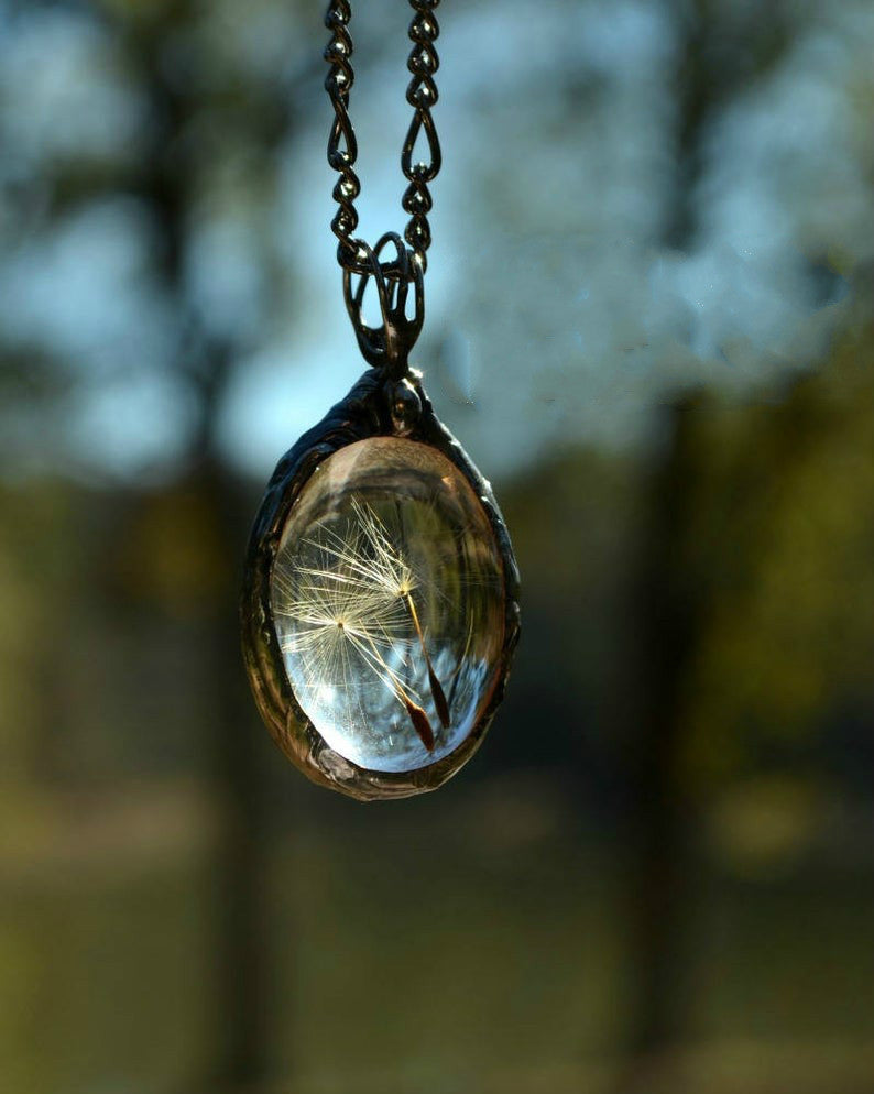 Wholesale Glass Gem Necklace Dandelion Seed Oval Pendant Fashion Jewelry Accessory