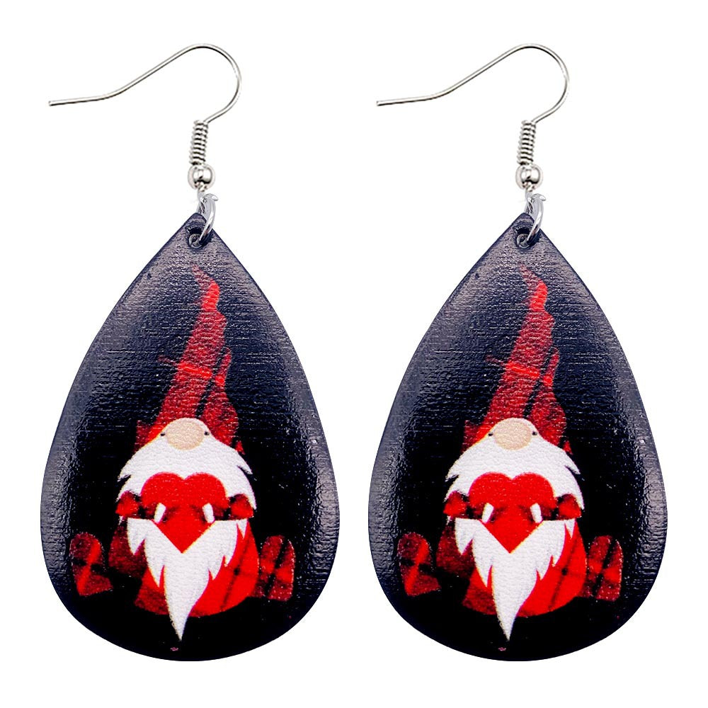 Wholesale Christmas  Drop-Shaped  Dwarf Printed Leather Earrings