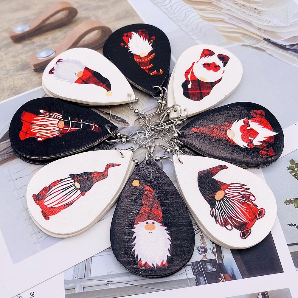 Wholesale Christmas  Drop-Shaped  Dwarf Printed Leather Earrings