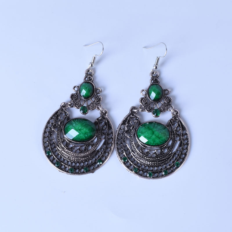 Wholesale Bohemian gem pendant court vintage hollow carved ear hook earrings
