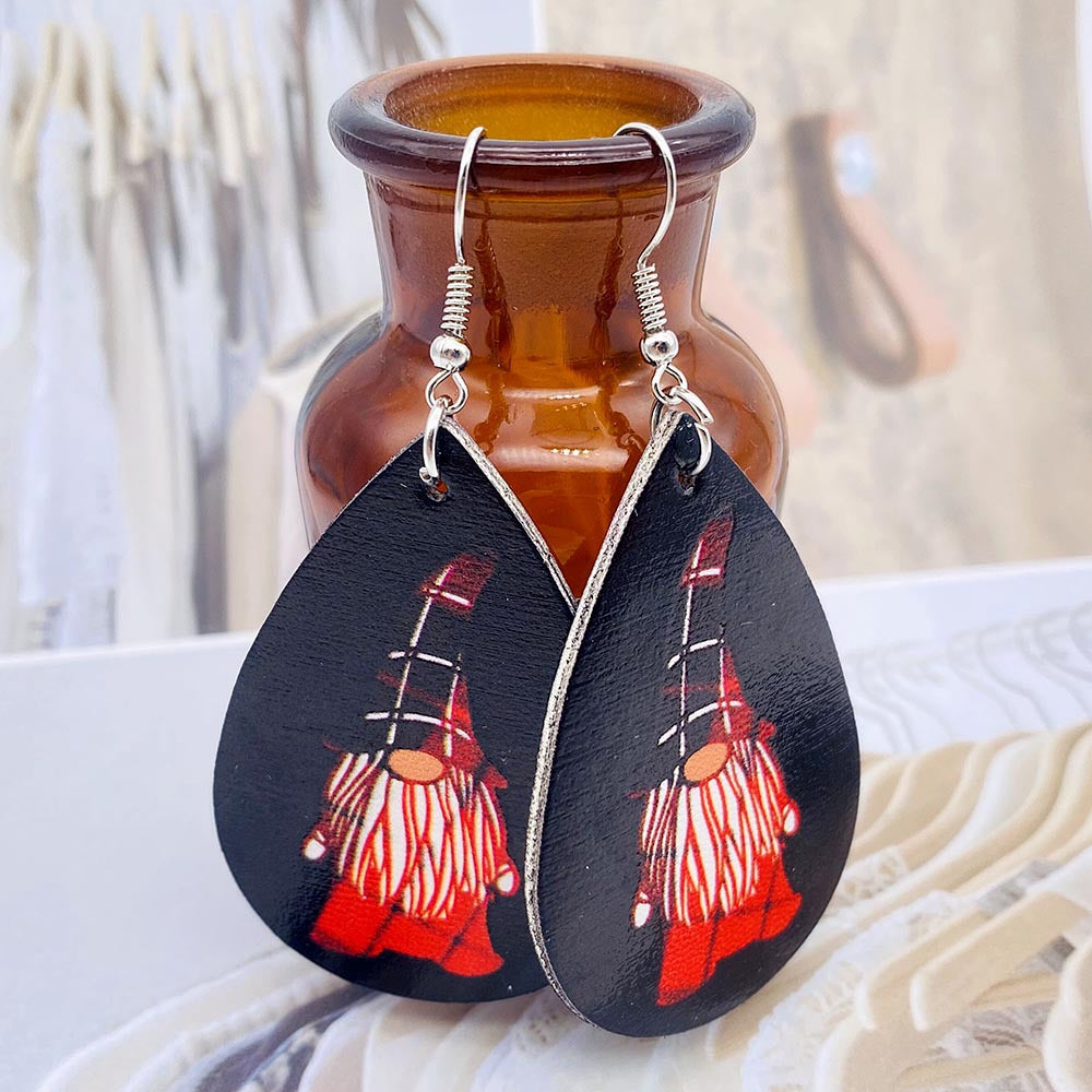 Wholesale Christmas  Drop-Shaped  Dwarf Printed Leather Earrings