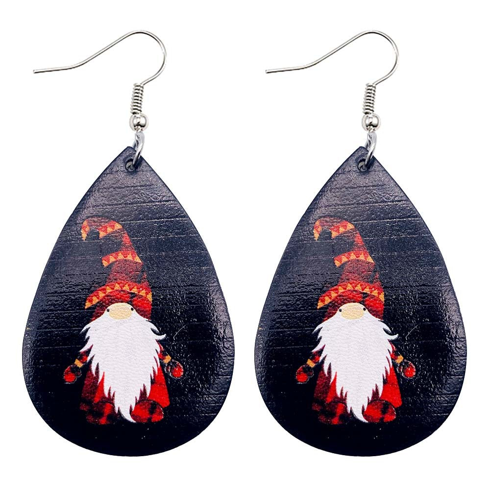 Wholesale Christmas  Drop-Shaped  Dwarf Printed Leather Earrings