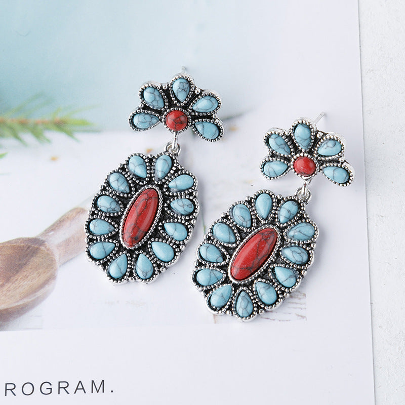 Wholesale Plating 925 Ancient Silver Turquoise Earrings European and American Yellow Turquoise Exaggerated Earrings