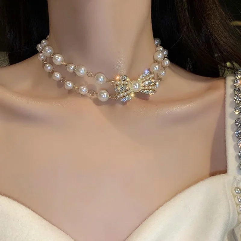 Wholesale Double-layer Pearl Bow Necklace