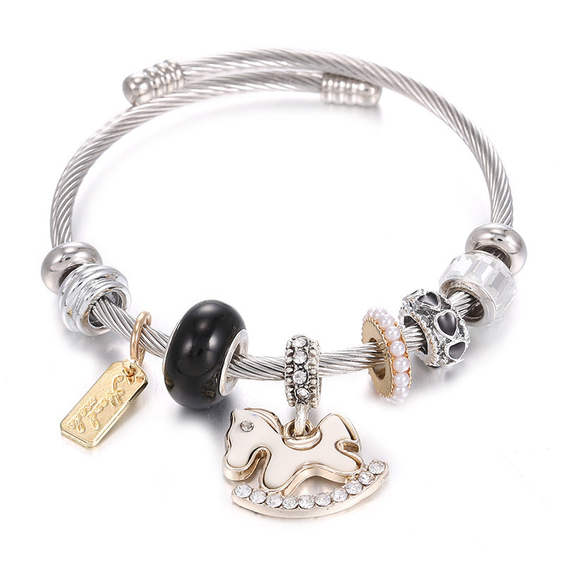 Wholesale DIY Stainless Steel Titanium Steel Bracelet Gold Eight-pointed Star Pink Love Beaded Bracelet ACC-BT-Weiy013