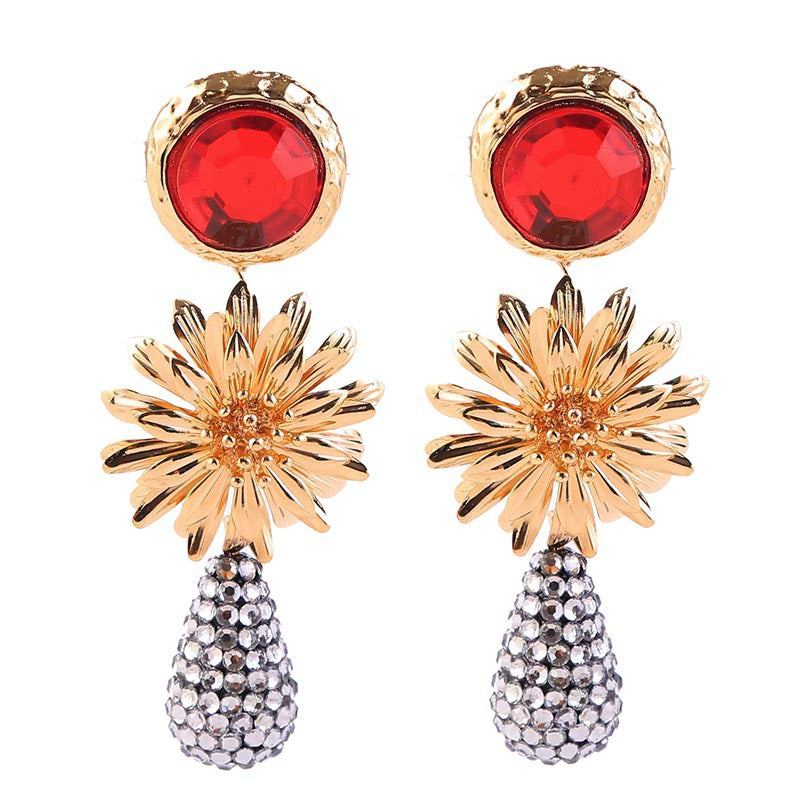 Wholesale Alloy Flower Water Drop Full Diamond Earrings