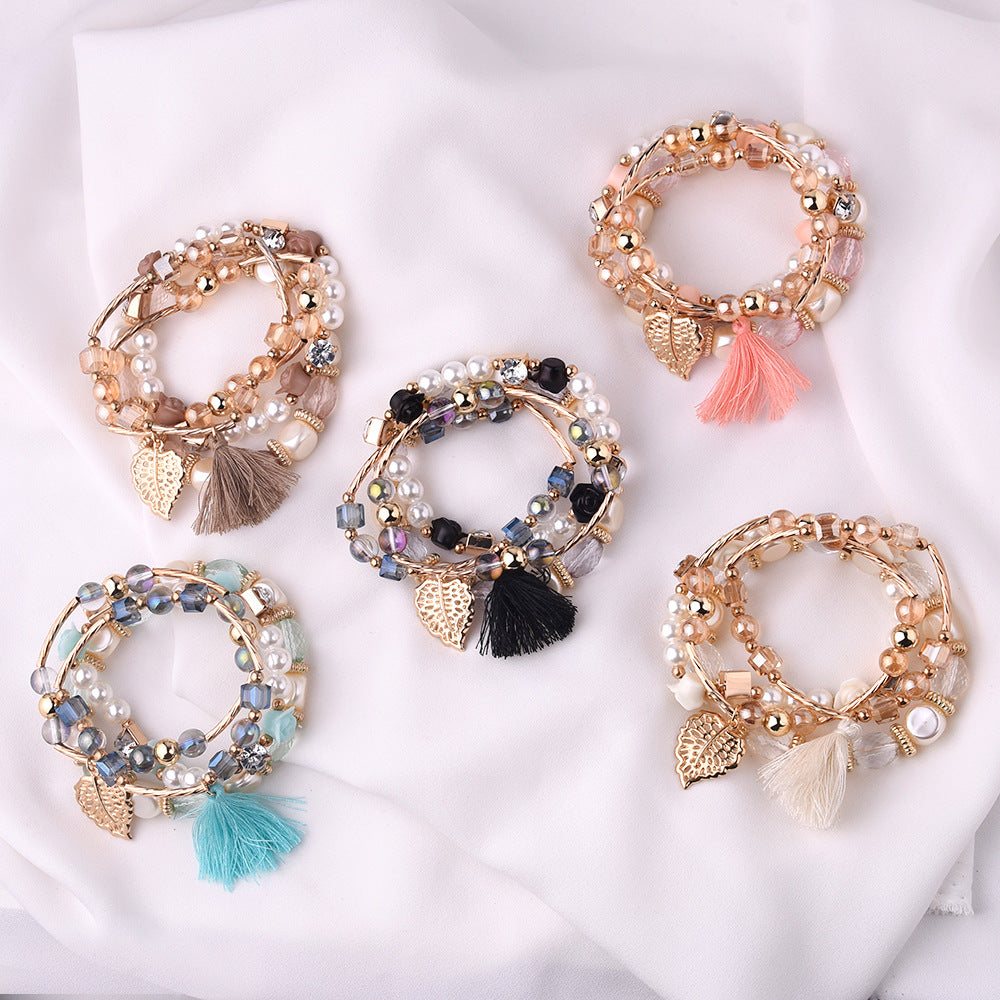 Wholesale Metal Crystal Beads Pearl Flowers Leaves Tassel Multi-layer Braided Bracelet Layered Bracelet Set ACC-BT-Yeb001