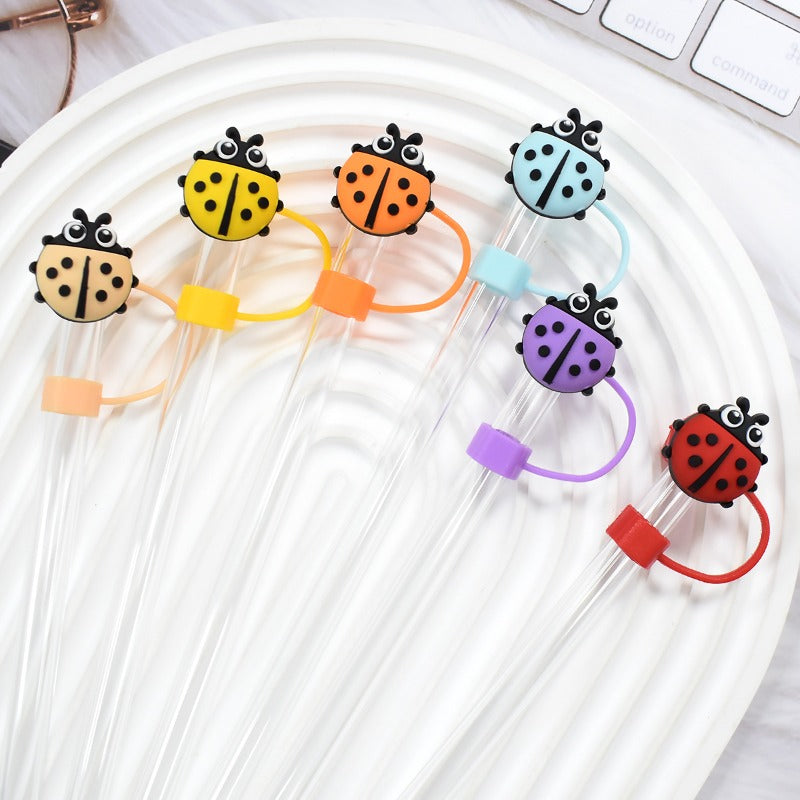 Wholesale Random 100pcs Colorful Seven-spotted Ladybug 10mm PVC Soft Straw Tube Cap ACC-SCR-RYY143