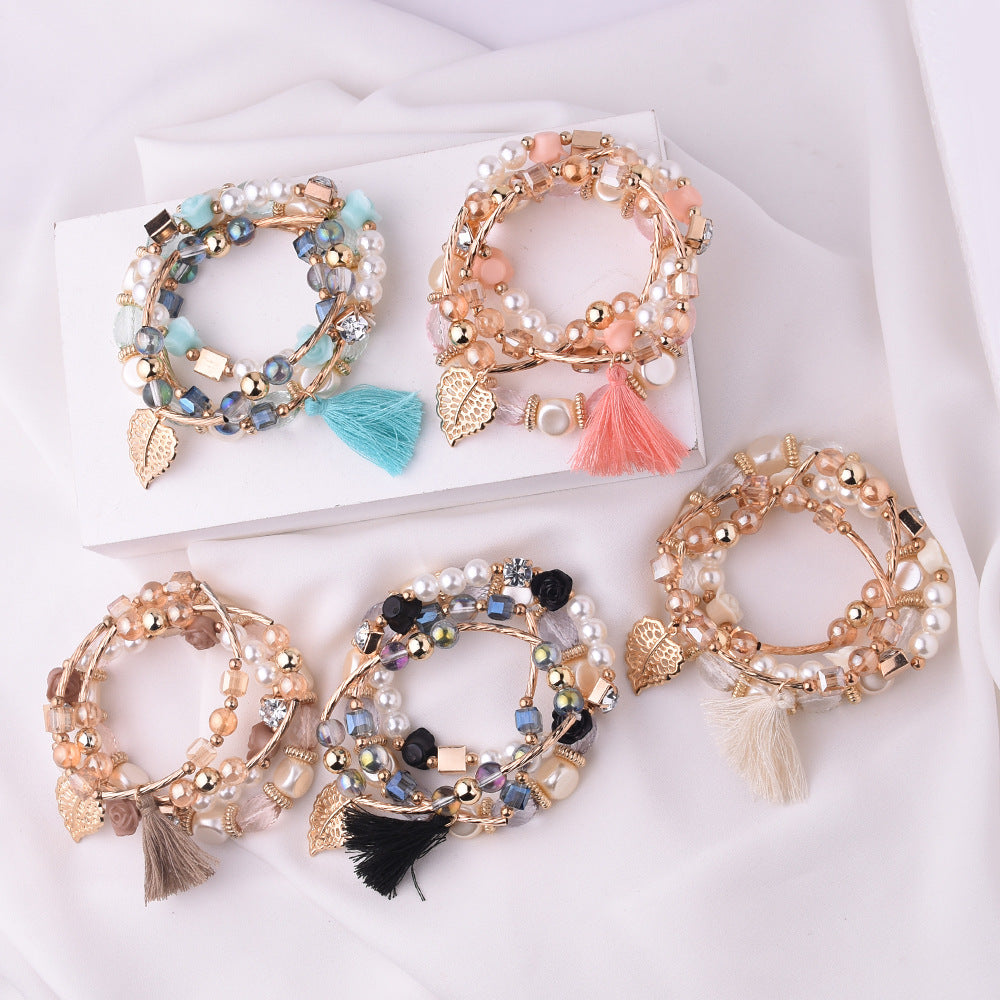 Wholesale Metal Crystal Beads Pearl Flowers Leaves Tassel Multi-layer Braided Bracelet Layered Bracelet Set ACC-BT-Yeb001