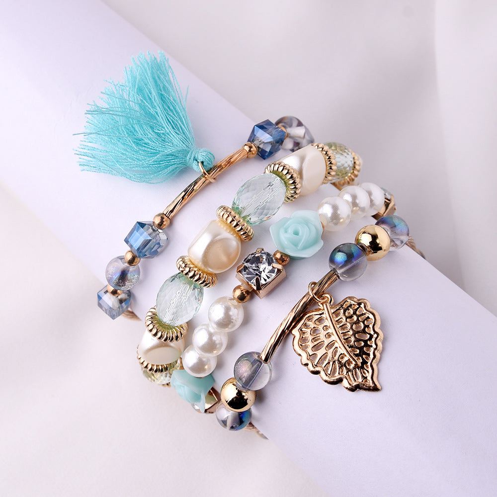 Wholesale Metal Crystal Beads Pearl Flowers Leaves Tassel Multi-layer Braided Bracelet Layered Bracelet Set ACC-BT-Yeb001