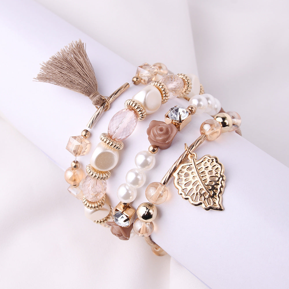 Wholesale Metal Crystal Beads Pearl Flowers Leaves Tassel Multi-layer Braided Bracelet Layered Bracelet Set ACC-BT-Yeb001