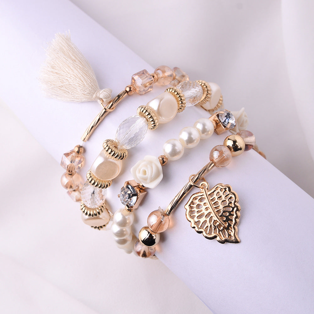 Wholesale Metal Crystal Beads Pearl Flowers Leaves Tassel Multi-layer Braided Bracelet Layered Bracelet Set ACC-BT-Yeb001