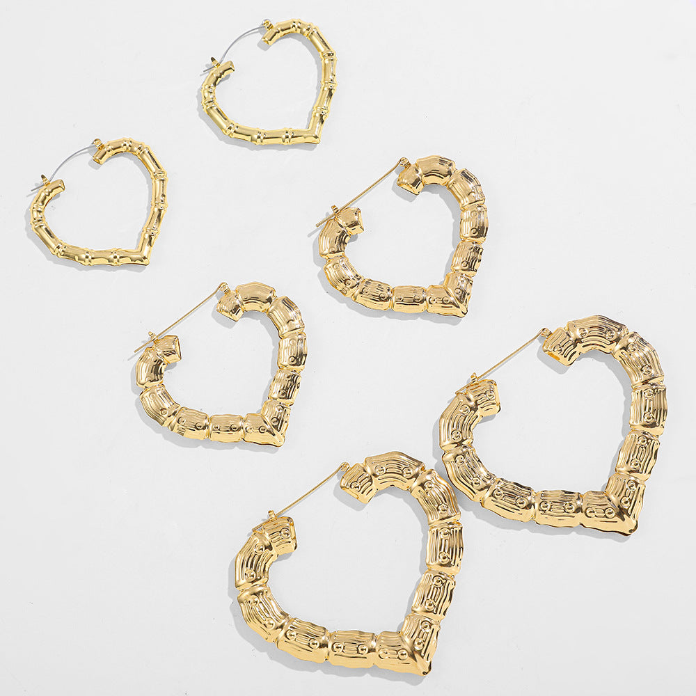 Wholesale  14K Gold Love Big Earrings Exaggerated Bamboo Peach Heart-shaped Earrings