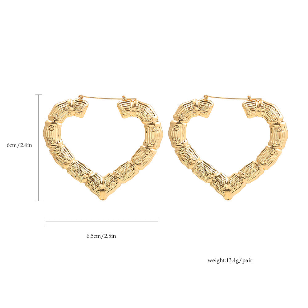 Wholesale  14K Gold Love Big Earrings Exaggerated Bamboo Peach Heart-shaped Earrings